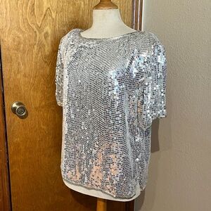 Silver Sequin Women's Top 1980s vintage glam sequins sparkle blouse